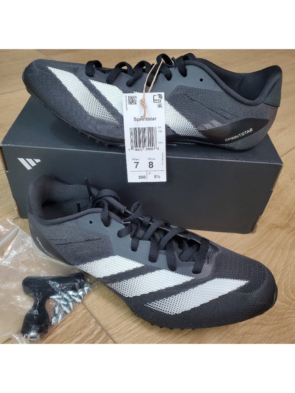 Mens Size 7 Adidas Sprintstar Track and Field Shoes Black White Spikes IG9908 W8